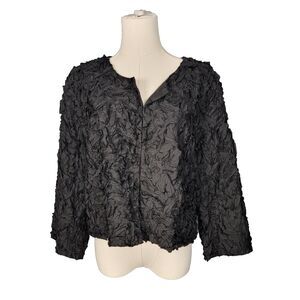 Eileen Fisher Size L Textured Ribbon Silk Jacket Black Hook & Eye Closure